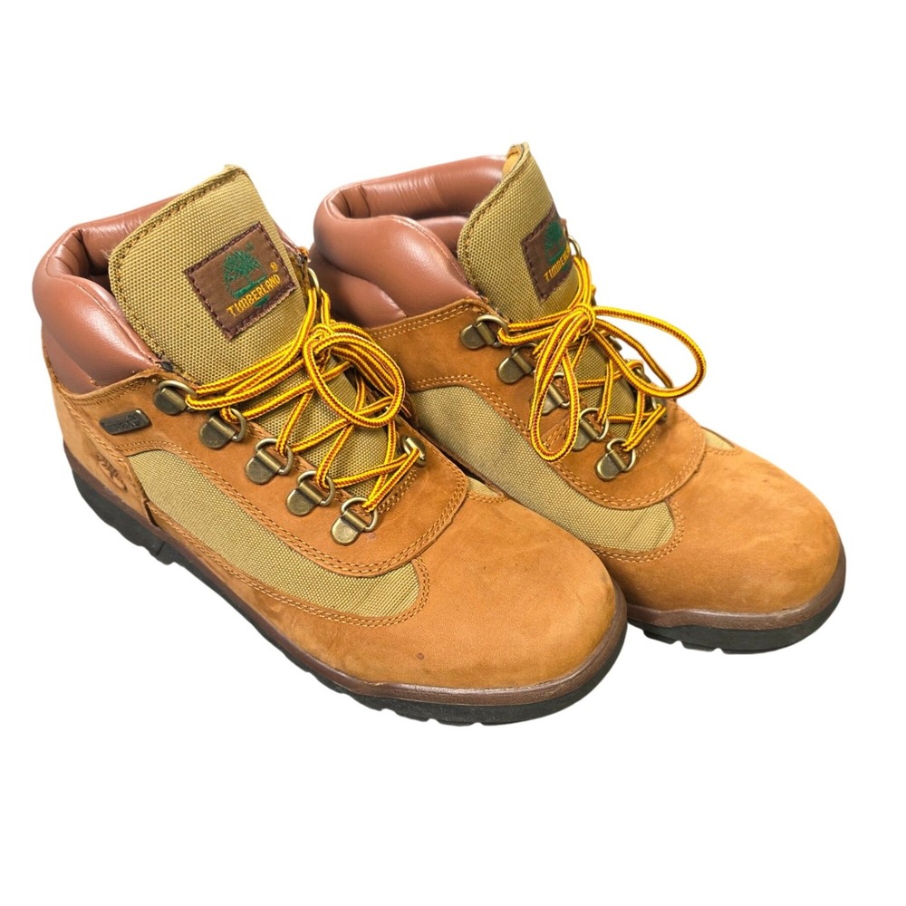 Timberland Field Boots Boys Size 5.5 Wheat Tan Leather Nylon Hiking Mid Top Lace